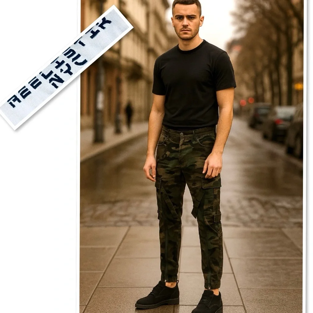 Reelistik NYC Green Camo Cargo Jeans-Army Stretch Zipper Cargo Split Jeans Sz 36
